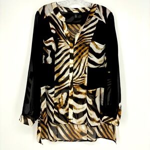 Chico's Black Label Sheer Animal Print Tunic Roll Tab Sleeve Medium V-Neck
